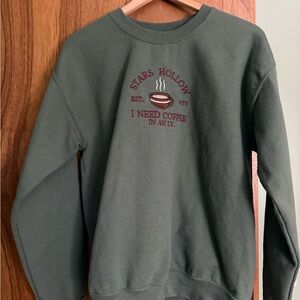 Gilmore Girls Olive Green Crewneck Sweatshirt with Coffee Embroidery